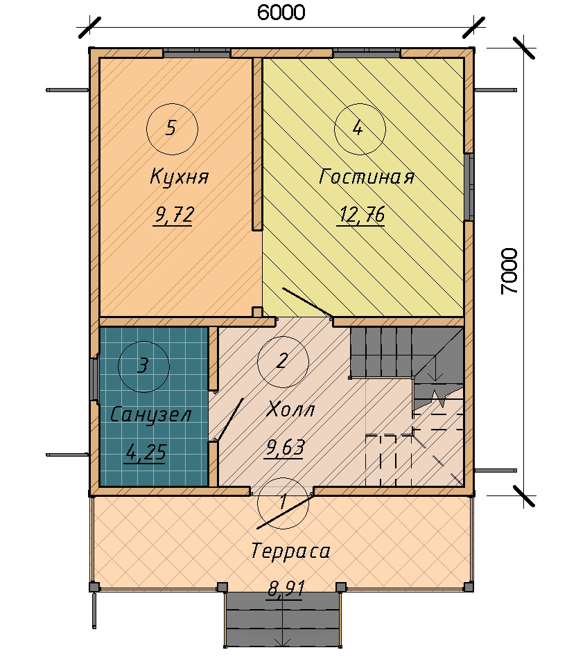 Каркасный дом без отделки "Каспер 2" 6 на 7 с террасой
